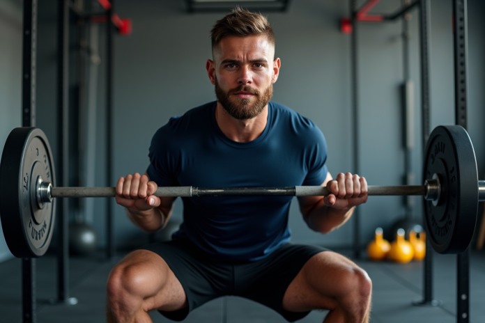 homme-squats-crossfit Homme athlétique en pleine répétition de squats en salle de CrossFit