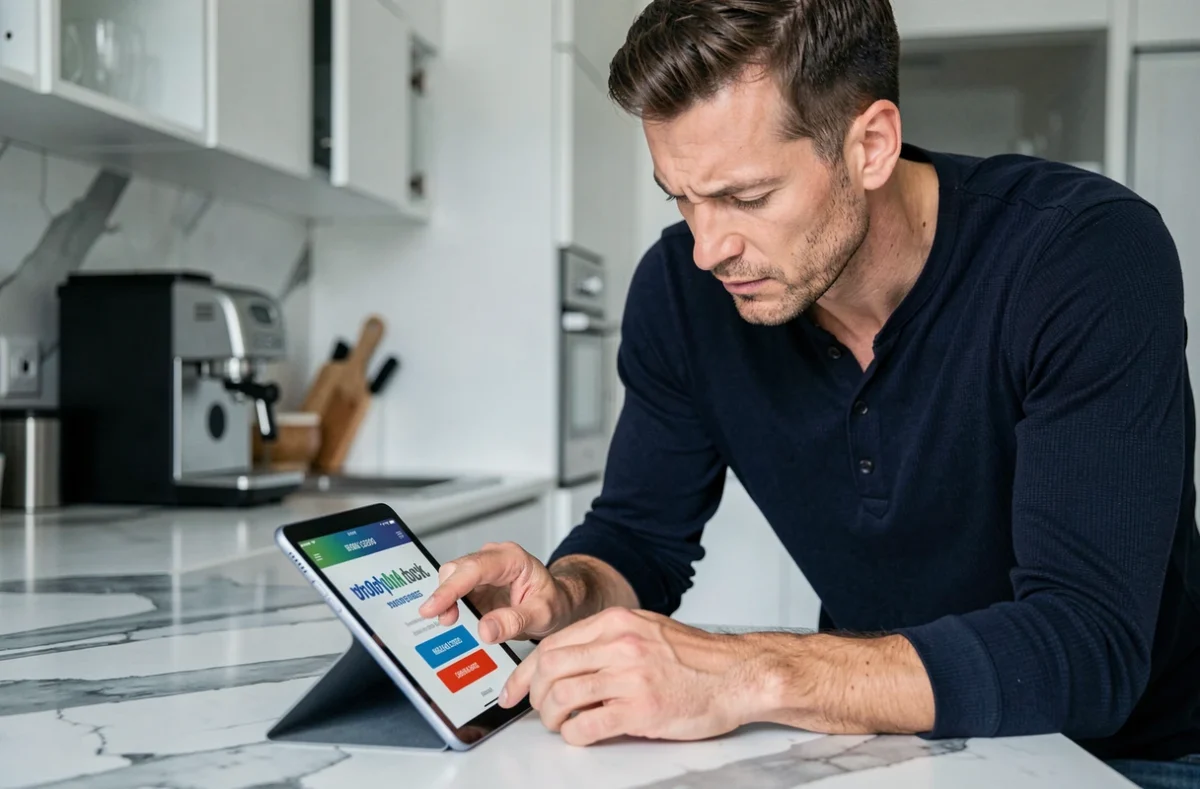 Homme concentré consultant des codes promotionnels Chapters sur une tablette dans une cuisine moderne