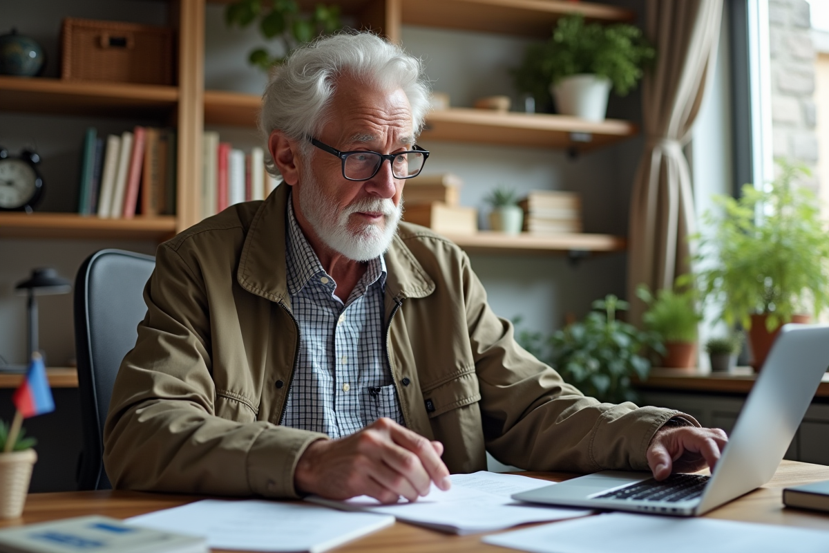 Homme retraité organisant des documents dans son appartement
