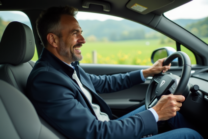 Homme souriant dans une voiture hybride en campagne