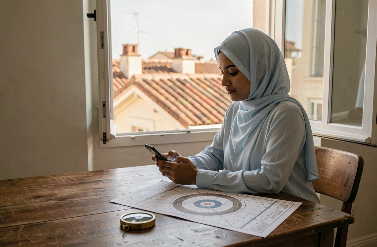 Jeune femme consultant les horaires de prière et la direction de la qibla sur smartphone à Toulouse