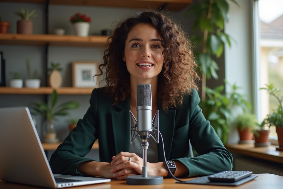 Hôtesse de podcast parlant dans un micro dans un bureau cosy