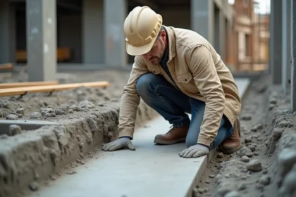 Ingénieur inspectant une dalle de fondation en béton sur un chantier de construction, comparaison béton métal franchassis