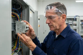 Ingénieur électricien inspectant un relais temporisé multifonction monté sur rail DIN dans une armoire de contrôle industrielle