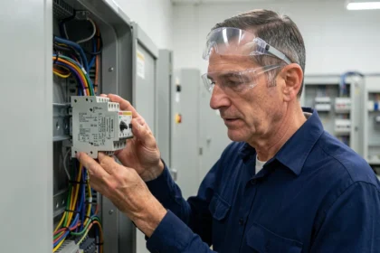 Ingénieur électricien inspectant un relais temporisé multifonction monté sur rail DIN dans une armoire de contrôle industrielle