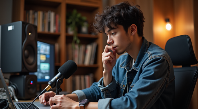Jeune ingénieur audio ajustant un microphone en studio