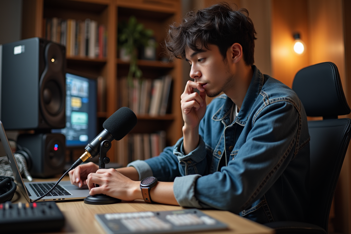 Jeune ingénieur audio ajustant un microphone en studio