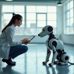 Jeune ingénieure avec robot chien dans un laboratoire lumineux