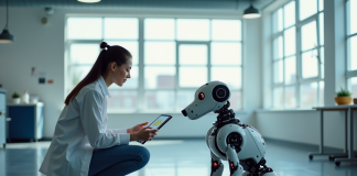 Jeune ingénieure avec robot chien dans un laboratoire lumineux