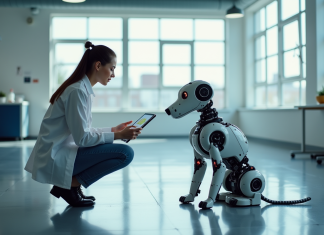 Rabbit Finder : limites actuelles d’un système encore en rodage Jeune ingénieure avec robot chien dans un laboratoire lumineux