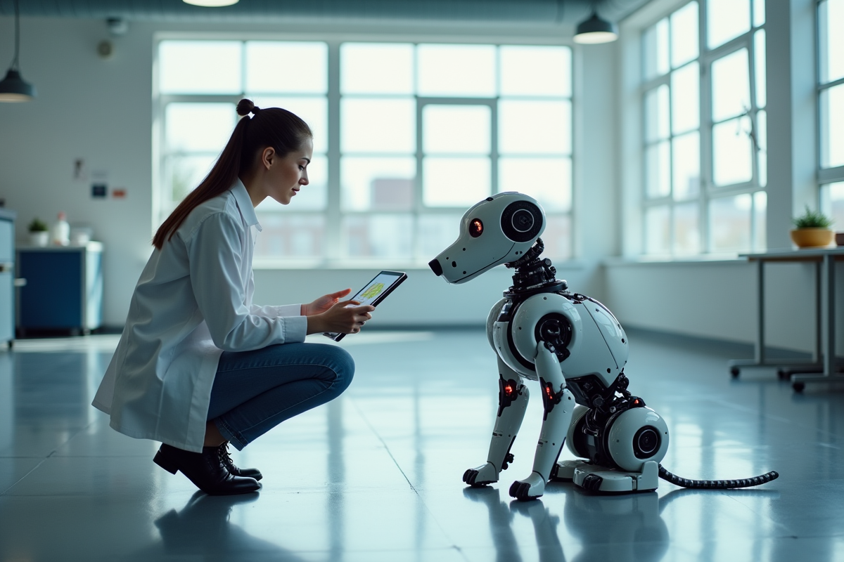 Jeune ingénieure avec robot chien dans un laboratoire lumineux