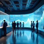 Intérieur d'une banque digitale moderne avec écrans tactiles et assistants virtuels