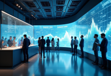 Intérieur d'une banque digitale moderne avec écrans tactiles et assistants virtuels