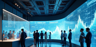 Intérieur d'une banque digitale moderne avec écrans tactiles et assistants virtuels