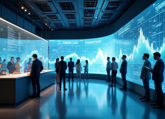 Intérieur d'une banque digitale moderne avec écrans tactiles et assistants virtuels