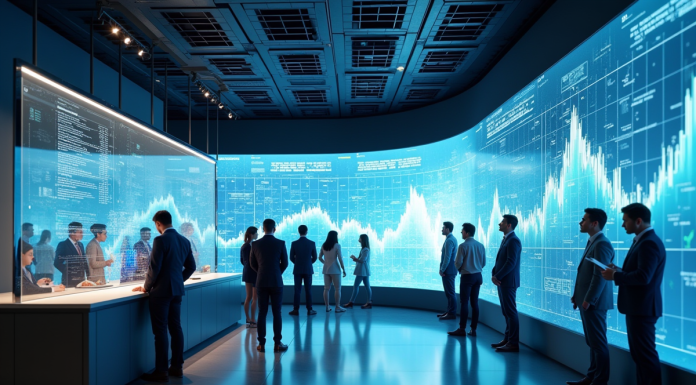 Intérieur d'une banque digitale moderne avec écrans tactiles et assistants virtuels