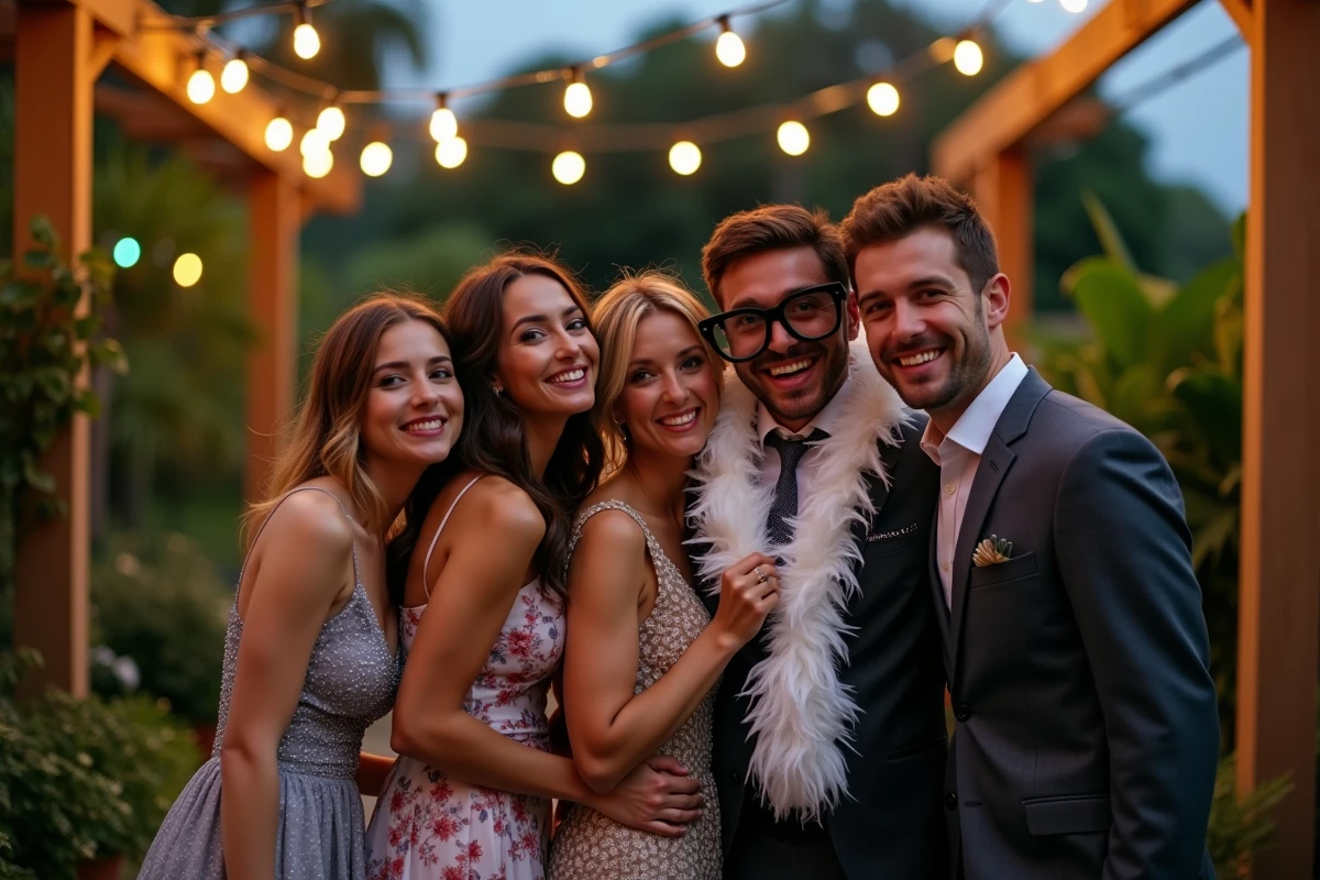 Groupe d'invités de mariage s'amusant devant une borne Photomaton dans un jardin décoré de guirlandes lumineuses lors d'une réception en plein air
