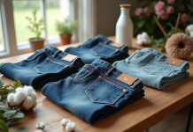 Collection de jeans écologiques sur une table en bois