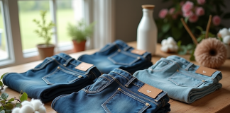 Collection de jeans écologiques sur une table en bois