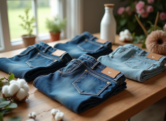 Jeans : limiter l’impact environnemental, conseils pratiques pour une mode durable Collection de jeans écologiques sur une table en bois