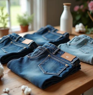 Collection de jeans écologiques sur une table en bois