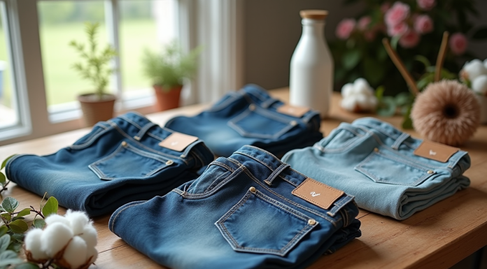 Collection de jeans écologiques sur une table en bois