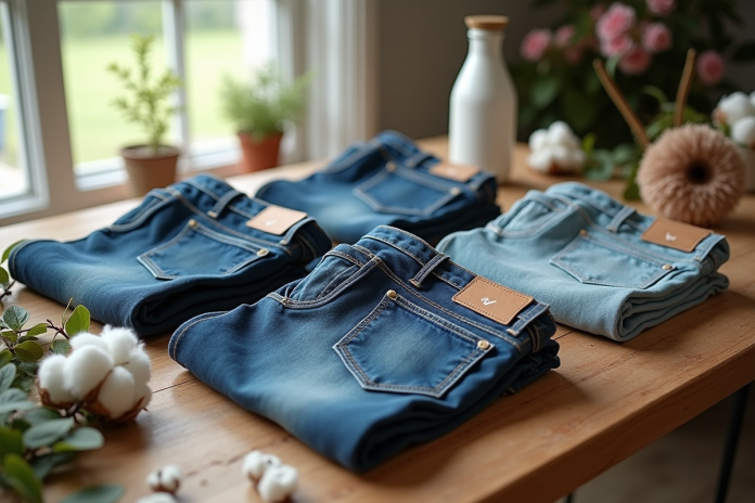 jeans-ecologiques-collection Collection de jeans écologiques sur une table en bois
