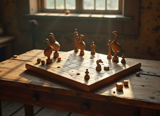 Plateau de jeu en bois vintage avec pièces anciennes et dés jaunes