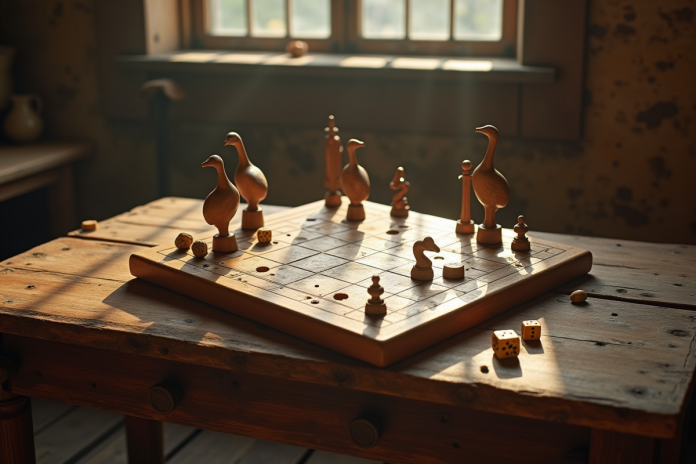 jeu-de-la-galette-vintage Plateau de jeu en bois vintage avec pièces anciennes et dés jaunes