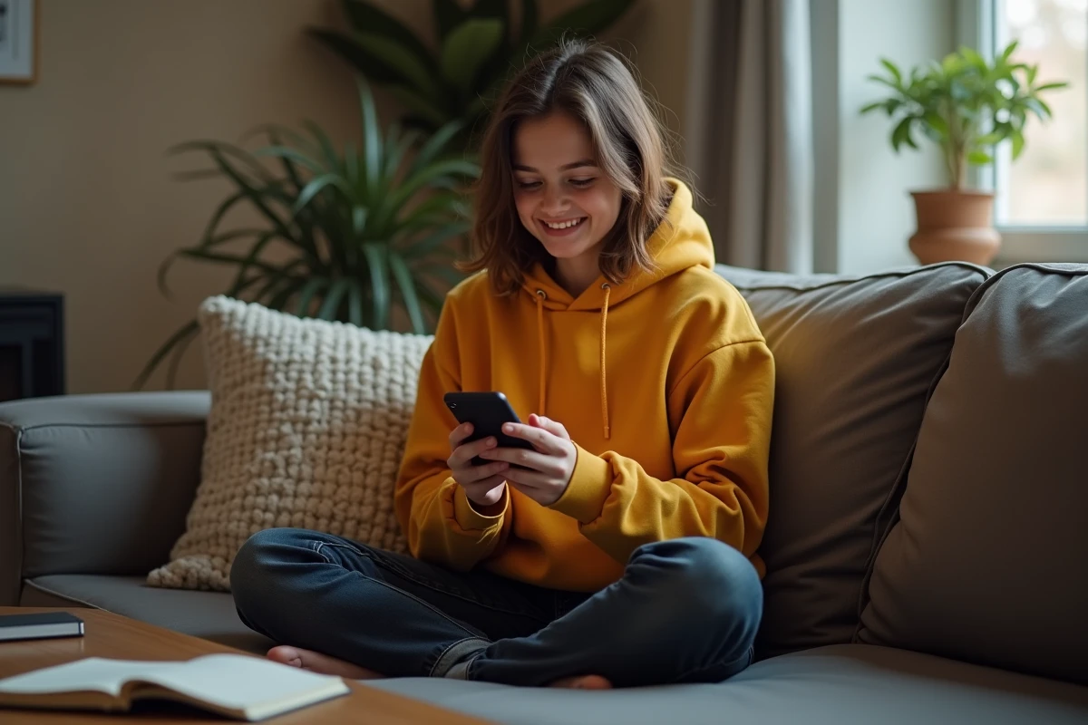 Jeune adulte souriant face à une suggestion de correction automatique sur smartphone dans un salon