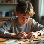 Jeune adulte examinant des pièces et billets devant lui