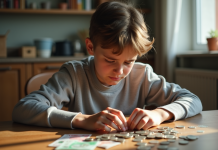 Jeune adulte examinant des pièces et billets devant lui