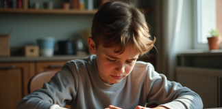 Jeune adulte examinant des pièces et billets devant lui