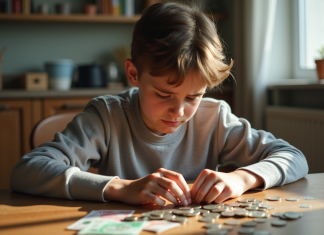 Jeune adulte examinant des pièces et billets devant lui