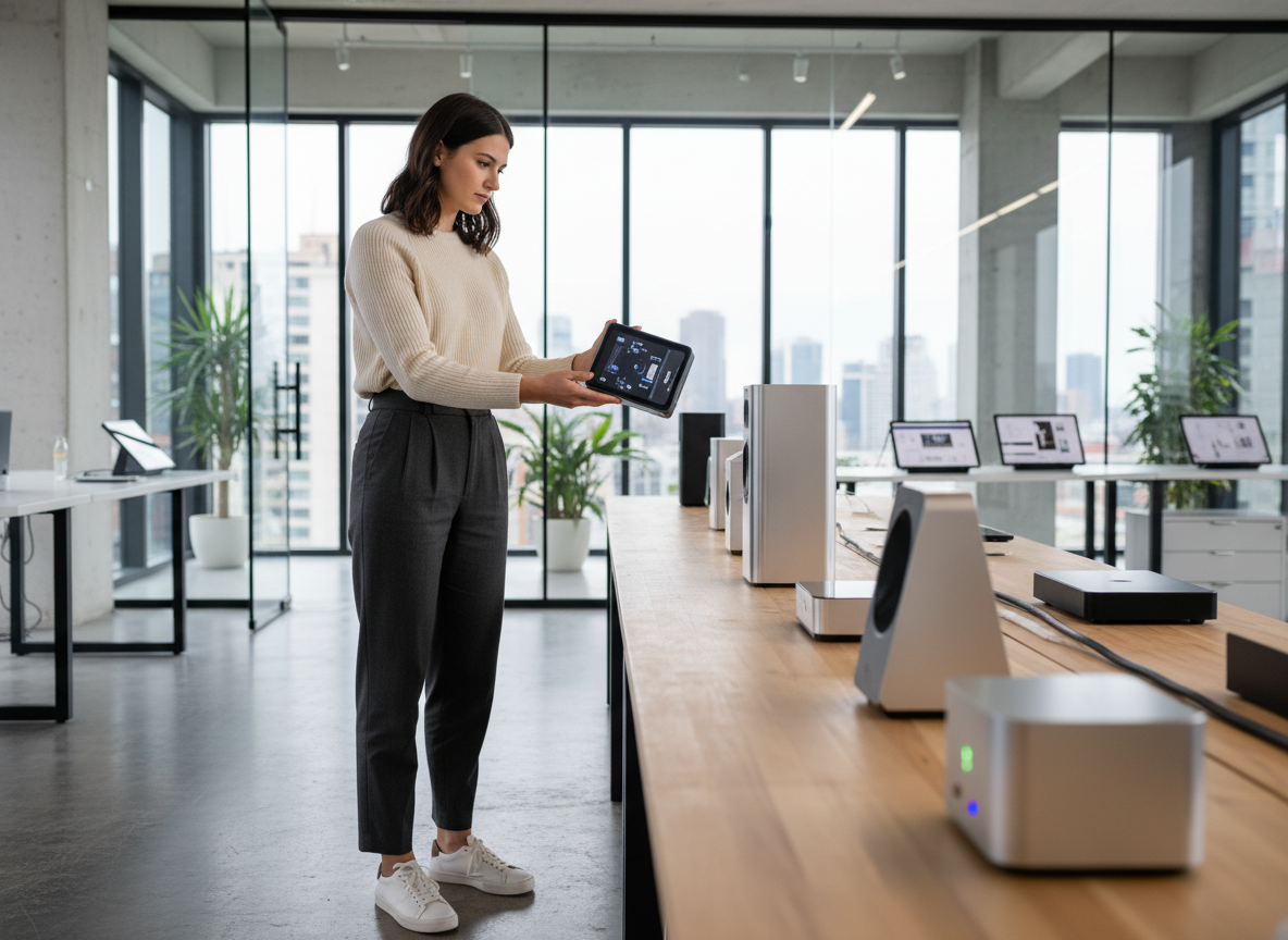 Jeune designer examine un dispositif électronique moderne