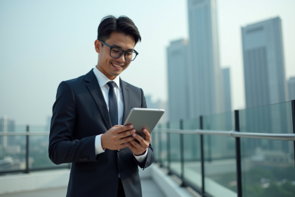 Jeune ingénieur asiatique avec tablette sur toit urbain