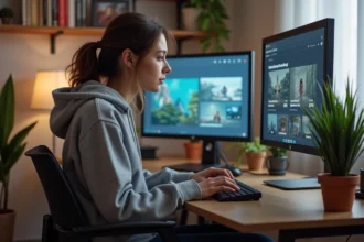 Jeune femme en hoodie regardant un site de modding Sims 4