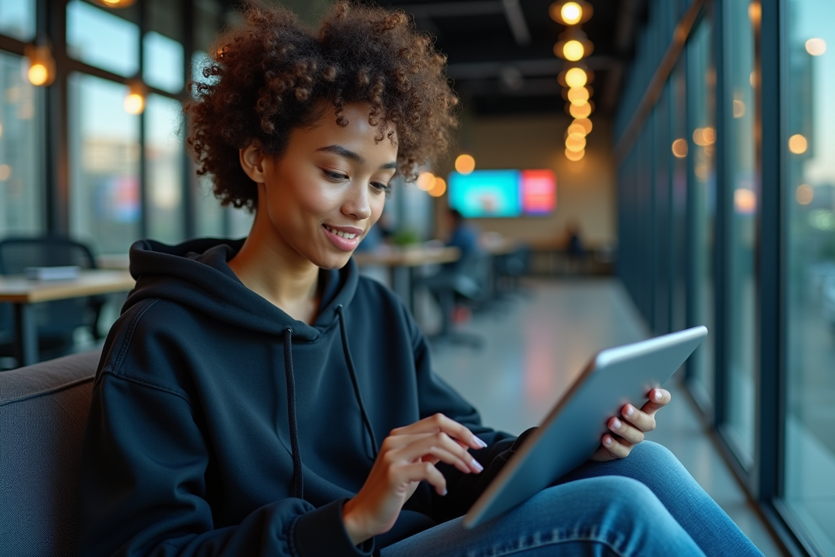 Jeune femme moderne surveillant diagrammes cybernétiques sur tablette