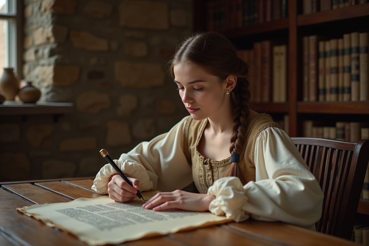 Jeune femme en tenue renaissance écrivant à une table en intérieur