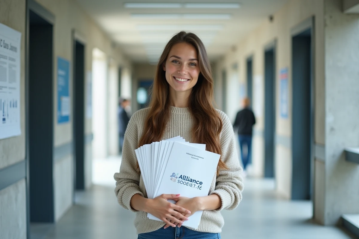 Jeune femme dans un couloir universitaire avec rapports de recherche