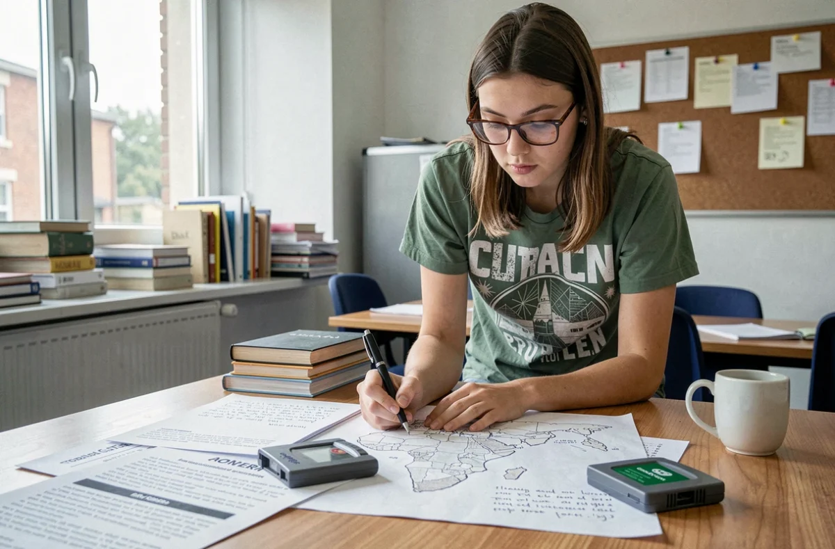 Jeune femme prenant des notes sur les Pokémon rares de Pokémon Émeraude avec une carte et un guide imprimé