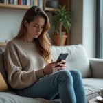Jeune femme assise sur un canapé urbain avec smartphone