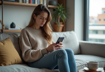 Jeune femme assise sur un canapé urbain avec smartphone
