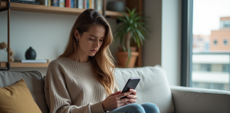 Réseaux sociaux impact sur société : analyse et perspectives Jeune femme assise sur un canapé urbain avec smartphone