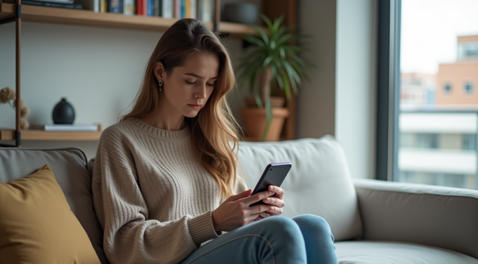 Jeune femme assise sur un canapé urbain avec smartphone