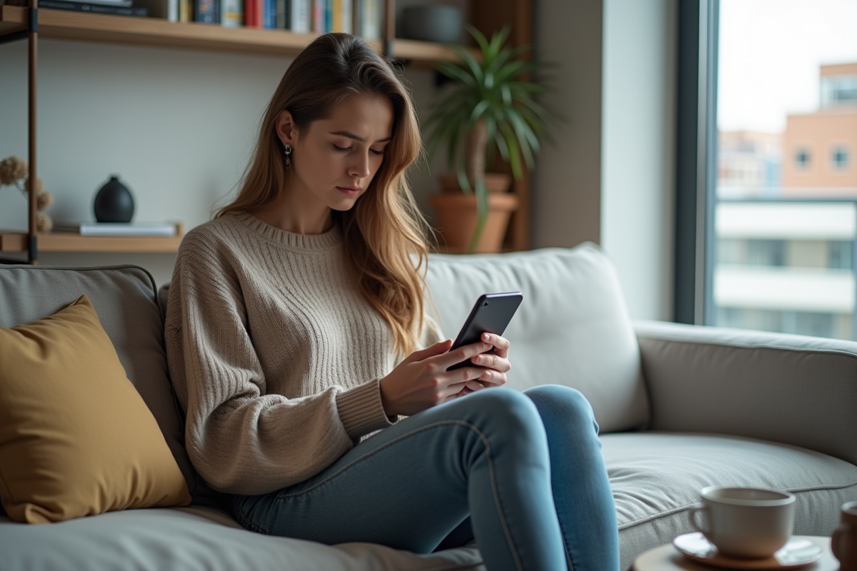 Jeune femme assise sur un canapé urbain avec smartphone