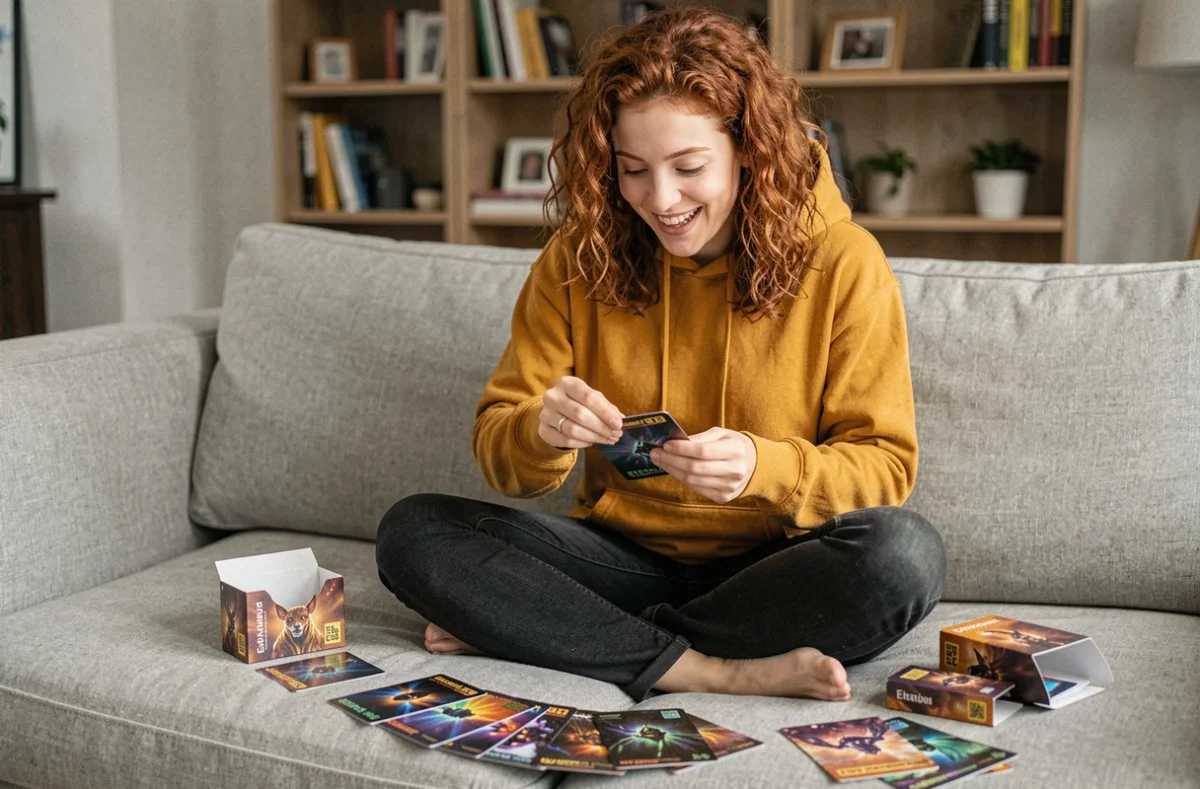 Jeune femme ouvrant des boosters de l'ETB Aventure Ensemble EV09 Pokémon avec enthousiasme sur un canapé gris