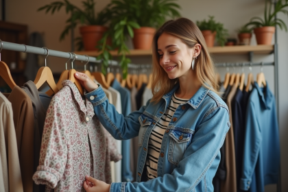 Jeune femme examine un vêtement vintage dans une boutique de seconde main