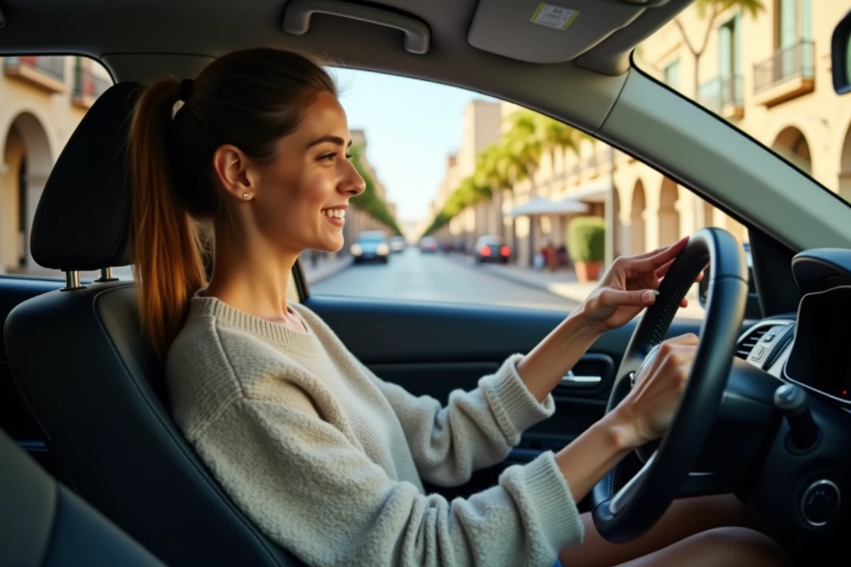 Jeune femme dans la voiture regardant son smartphone