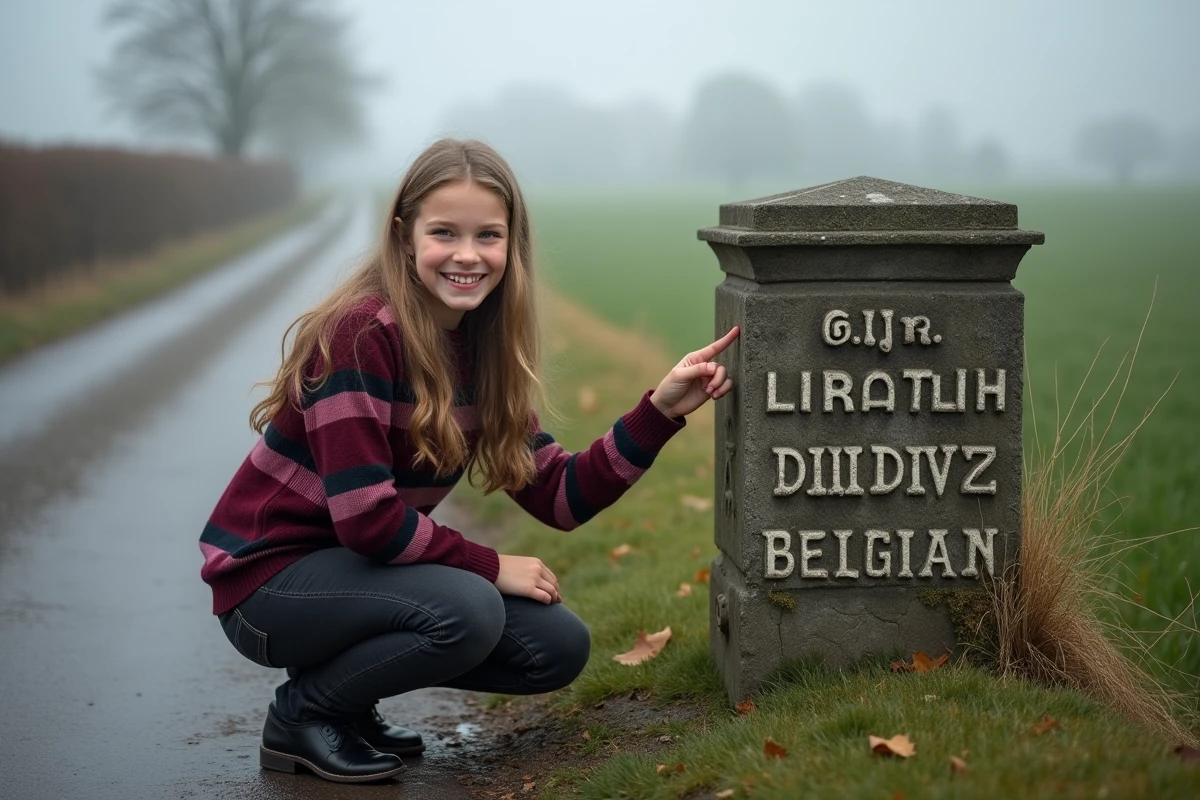 Jeune fille lisant un panneau de ville belge en pierre sur un chemin de campagne wallonne brumeuse